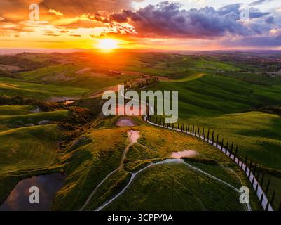 Vue aérienne d'une route sinueuse bordée de cyprès serpente à travers des collines verdoyantes sous un coucher de soleil ardent, Asciano, Toscane, Italie. Banque D'Images