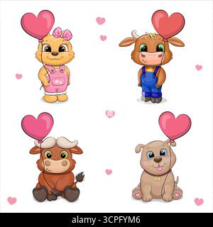 Ensemble d'animaux de bande dessinée mignons avec des ballons en forme de coeur. Illustration vectorielle de l'ours, du taureau, du buffle et du chien sur fond blanc avec des coeurs. Illustration de Vecteur
