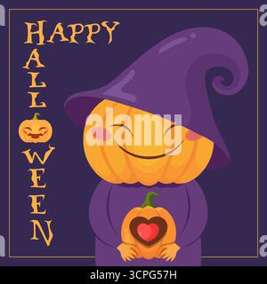 Carte de voeux Halloween avec un personnage mignon de citrouille épouvantail avec une lanterne. Illustration vectorielle Illustration de Vecteur