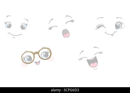 Silhouettes drôles de visages avec des émotions différentes. Illustration aquarelle. Ensemble de visages avec des yeux, souriant, bâillant, dormant, isolé sur bac blanc Banque D'Images