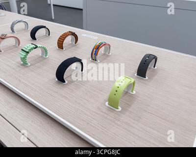 Poznan, Pologne - 20 septembre 2025 : bracelets d'accessoires colorés pour smartwatch affichés sur des stands individuels, montrant divers choix de consommateurs pour Persona Banque D'Images