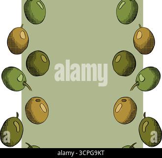 Modèle de cadre vertical de bordure sans couture de baie d'olive. Illustration vectorielle en couleur à l'encre de la ligne graphique. motif dessiné à la main. Design d'emballage vintage pour fa Illustration de Vecteur