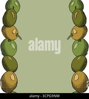 Modèle de cadre vertical de bordure sans couture de baie d'olive. Illustration vectorielle en couleur à l'encre de la ligne graphique. Design d'emballage méditerranéen Vintage pour tissu, Illustration de Vecteur