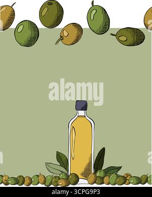 Modèle de cadre horizontal à bordure sans couture d'huile d'olive, de baies et de feuilles. Illustration vectorielle en couleur à l'encre de la ligne graphique. Bannière, emballage de produit, conception Illustration de Vecteur