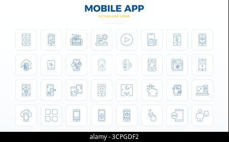 Collection de qualité professionnelle de 32 icônes vectorielles Thin Outline représentant Mobile App, conçue avec 128x128 PIXELS précision parfaite pour l'application d'entreprise Illustration de Vecteur