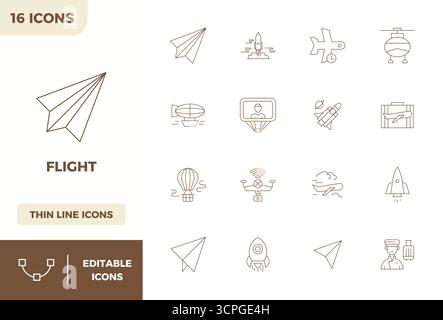 Boîte à outils complète de 16 icônes vectorielles sur le thème du vol, développée en ligne minimale avec 128x128 PIXELS précision parfaite pour l'application de conception polyvalente Illustration de Vecteur