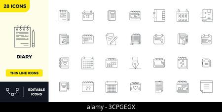 Ensemble sophistiqué de 28 icônes vectorielles de ligne minimale pour Diary, conçu avec 128x128 PIXELS clarté parfaite pour les applications professionnelles. Illustration de Vecteur
