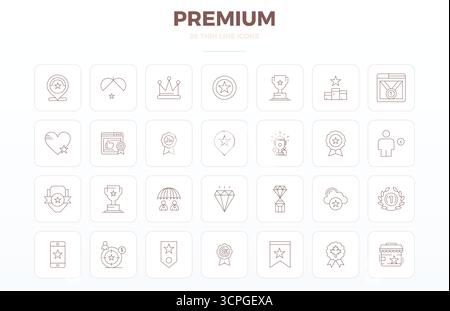 Paquet complet de 28 icônes vectorielles sur le thème Premium, présentant la conception Thin Outline en 128x128 PIXELS DE qualité parfaite pour les interfaces modernes. Illustration de Vecteur