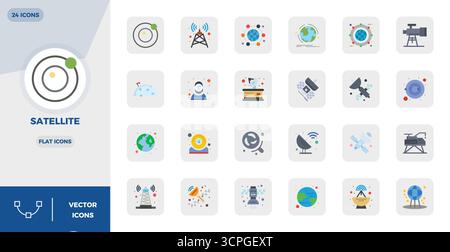 Collection exclusive de 24 icônes vectorielles plates pour satellite, développée avec une résolution parfaite de 128x128 PIXELS pour des expériences de marque premium. Illustration de Vecteur