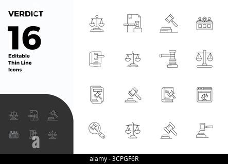 Télécharger 16 icônes vectorielles évolutives Thin Line conçues pour verdict, avec une résolution 128x128 PIXEL parfaite adaptée aux professionnels et créatifs pr Illustration de Vecteur