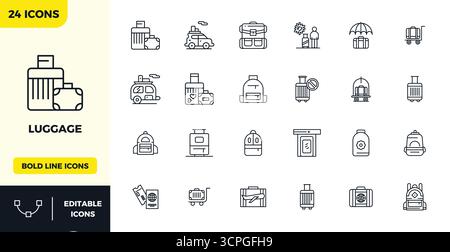 Une collection propre de 24 icônes vectorielles Heavy Line représentant Luggage, conçu en 128x128 PIXELS format parfait pour les tableaux de bord et les interfaces modernes. Illustration de Vecteur