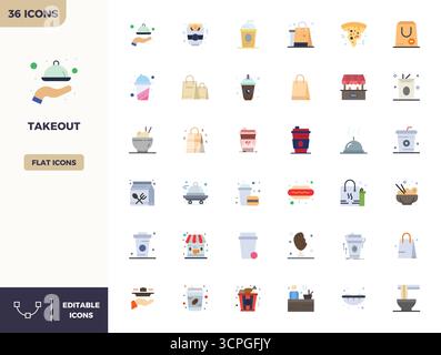 Collection premium de 36 icônes vectorielles Flat Color pour Takeout, méticuleusement conçues en 128x128 PIXELS résolution parfaite pour un impact visuel supérieur. Illustration de Vecteur