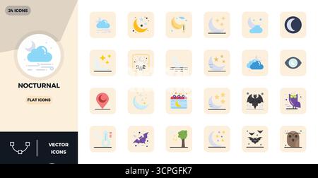 Pack innovant de 24 icônes vectorielles sur le thème de la nuit, présentant un design plat en 128x128 PIXELS format parfait pour les solutions numériques modernes. Illustration de Vecteur