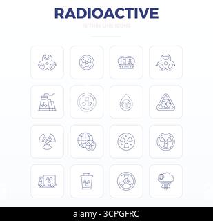 Ce pack d'icônes vectorielles radioactives comprend 16 designs Thin Outline au format 128x128 PIXELS parfait, parfait pour améliorer les interfaces numériques. Illustration de Vecteur