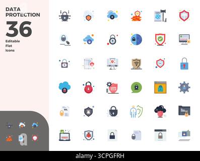 Ensemble sophistiqué de 36 icônes vectorielles plates pour la protection des données, conçu avec une clarté parfaite de 128x128 PIXELS pour les applications professionnelles. Illustration de Vecteur