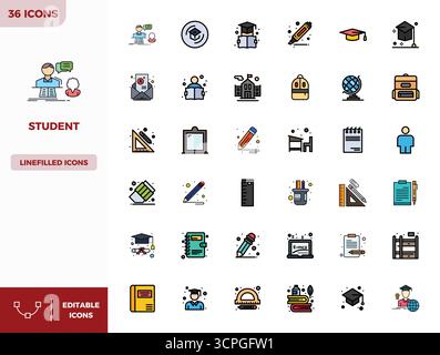 Ensemble sophistiqué de 36 icônes vectorielles Flat Lineal Color pour étudiant, conçu avec 128x128 PIXELS clarté parfaite pour les applications professionnelles. Illustration de Vecteur