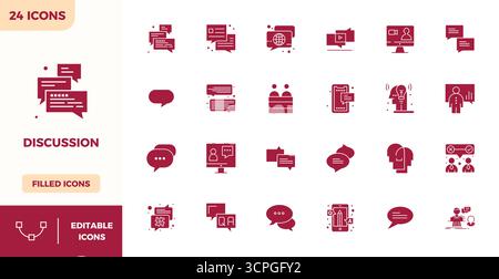 24 icônes vectorielles remplies conçues avec précision pour la discussion, conçues à une résolution parfaite de 128x128 PIXELS pour une clarté et une évolutivité exceptionnelles. Illustration de Vecteur