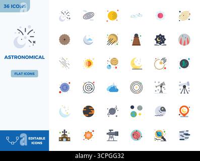Ensemble révolutionnaire d'icônes vectorielles parfaites de 36 PIXELS inspirées par Astronomical, créées en format Flat Color à une résolution de 128x128 pour une conception de pointe Illustration de Vecteur