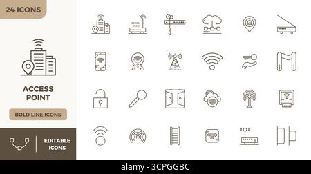 Une collection propre de 24 icônes vectorielles Heavy Line représentant Access point, conçu en 128x128 PIXELS format parfait pour les tableaux de bord modernes et interfa Illustration de Vecteur