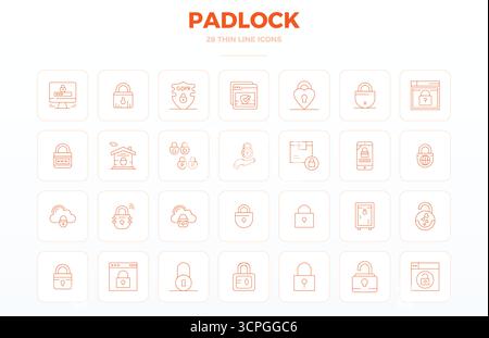 Paquet complet de 28 icônes vectorielles sur le thème de Padlock, présentant la conception Thin Outline en 128x128 PIXELS DE qualité parfaite pour les interfaces modernes. Illustration de Vecteur