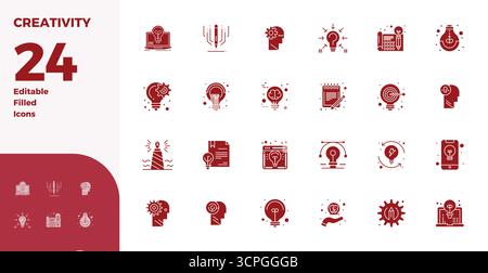 Un ensemble polyvalent de 24 icônes vectorielles pleines de PIXELS pleins de glyphes axées sur la créativité, livrées dans un format 128x128 net idéal pour les appliques mobiles et web Illustration de Vecteur