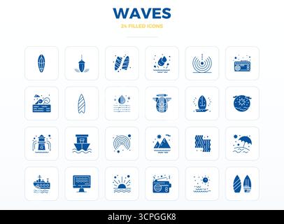 Collection avancée d'icônes vectorielles parfaites de 24 PIXELS inspirées par les vagues, conçues en SolidFill avec une optimisation 128x128 pour des performances visuelles supérieures Illustration de Vecteur