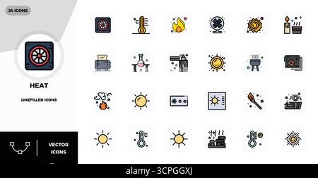 Collection exclusive de 24 icônes vectorielles LineFilled pour la chaleur, développée avec une résolution parfaite de 128x128 PIXELS pour des expériences de marque premium. Illustration de Vecteur