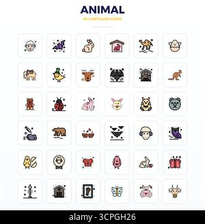 Icônes vectorielles parfaites de 36 PIXELS intelligemment conçues inspirées par animal, créées au format LineFill à 128x128 pour un flux de travail de conception intelligent et efficace Illustration de Vecteur
