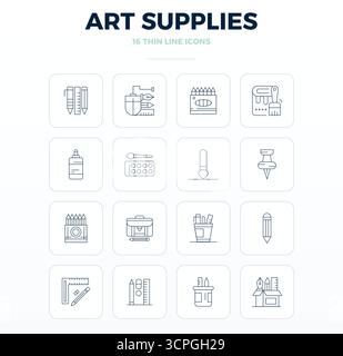 Pack de pointe avec des icônes vectorielles parfaites de 16 PIXELS inspirées par Art Supplies, créé en format Thin Outline à 128x128 pour la prochaine génération Illustration de Vecteur