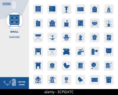 Cette collection dispose de 36 icônes vectorielles pleines de PIXELS parfaites adaptées au petit thème, optimisées au format 128x128 pour la conception numérique. Illustration de Vecteur