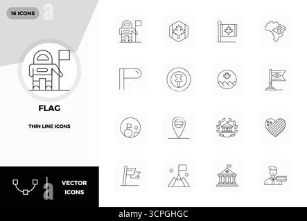 Ce pack d'icônes vectorielles Flag comprend 16 designs Thin Line au format parfait 128x128 PIXELS, parfait pour améliorer les interfaces numériques. Illustration de Vecteur