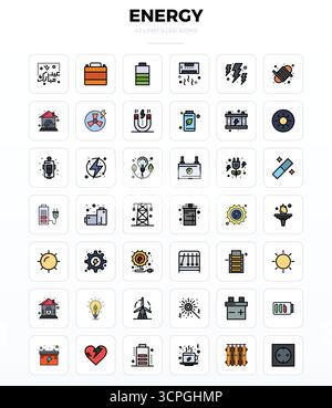 Pack prêt pour l'avenir de 42 icônes vectorielles sur le thème de l'énergie, présentant la conception LineFill avec 128x128 PIXELS clarté parfaite pour une interface utilisateur innovante Illustration de Vecteur