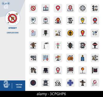 Pack prêt pour l'avenir de 42 icônes vectorielles sur le thème de Street, présentant un design LineFilled avec une clarté parfaite de 128x128 PIXELS pour une interfa utilisateur innovante Illustration de Vecteur