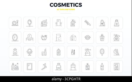 Télécharger 32 icônes vectorielles évolutives Thin Outline conçues pour les cosmétiques, avec une résolution 128x128 PIXEL parfait adaptée aux professionnels et aux créati Illustration de Vecteur