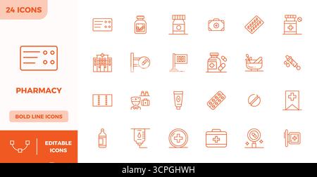 Pack distinctif d'icônes vectorielles parfaites de 24 PIXELS inspirées par la pharmacie, fabriquées en format Heavy Line à 128x128 pour des expériences de marque mémorables. Illustration de Vecteur