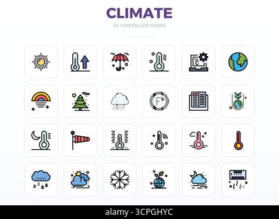 Cette collection comprend 24 icônes vectorielles LineFill PIXEL Perfect adaptées au thème climat, optimisées au format 128x128 pour la conception numérique. Illustration de Vecteur