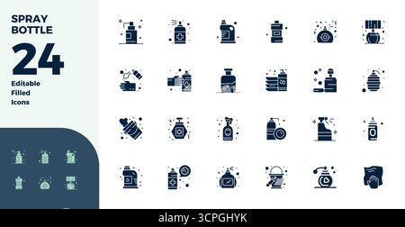 Ensemble sophistiqué de 24 icônes vectorielles remplies de glyphes pour Spray Bottle, conçu avec 128x128 PIXELS clarté parfaite pour les applications professionnelles. Illustration de Vecteur