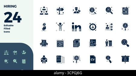 Boîte à outils complète de 24 icônes vectorielles sur le thème de l'embauche, développé en glyphe rempli de 128x128 PIXELS précision parfaite pour l'application de conception polyvalente Illustration de Vecteur