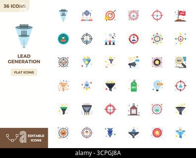Ensemble sophistiqué de 36 icônes vectorielles Flat Color pour Lead Generation, conçu avec une clarté parfaite de 128x128 PIXELS pour les applications professionnelles. Illustration de Vecteur