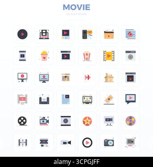 Ensemble sophistiqué de 36 icônes vectorielles minimales plates pour film, conçu avec 128x128 PIXELS clarté parfaite pour les applications professionnelles. Illustration de Vecteur