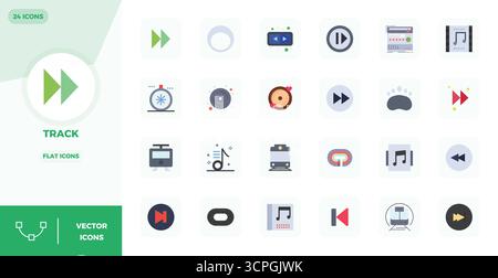 Collection exclusive de 24 icônes vectorielles plates pour Track, développée avec une résolution parfaite de 128x128 PIXELS pour des expériences de marque premium. Illustration de Vecteur