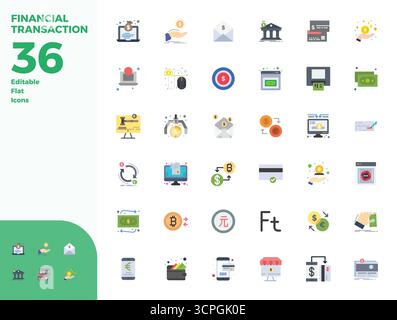 Une collection propre de 36 icônes vectorielles plates représentant la transaction financière, conçu en 128x128 PIXELS format parfait pour les tableaux de bord modernes et inte Illustration de Vecteur
