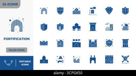 Intelligemment conçues 24 PIXELS icônes vectorielles parfaites inspirées par la fortification, créées dans un format rempli à 128x128 pour une conception intelligente et efficace WOR Illustration de Vecteur