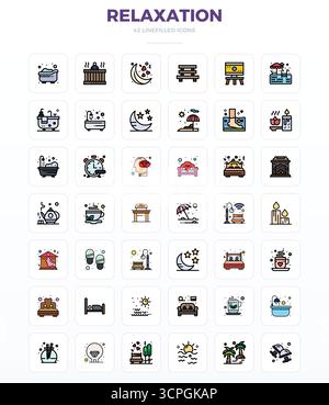 Un ensemble dynamique de 42 icônes vectorielles dans LineFill, adapté pour la relaxation avec 128x128 PIXELS DE qualité parfaite adapté aux produits numériques. Illustration de Vecteur
