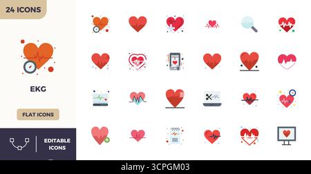 Parfaitement équilibré 24 Flat Color PIXEL icônes vectorielles parfaites pour l'ECG, dimensionnées à 128x128 pour une intégration harmonieuse dans les projets de conception numérique. Illustration de Vecteur