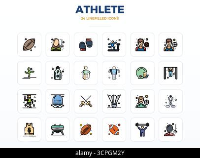 Collection artisanale avec 24 icônes vectorielles LineFill pour Athlete, optimisée en 128x128 PIXELS résolution parfaite pour des expériences numériques premium. Illustration de Vecteur