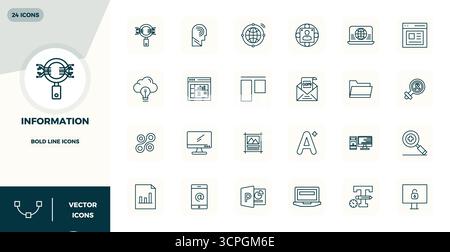 Icônes vectorielles parfaites de 24 Bold Line PIXEL pour l'information, livrées au format 128x128 pour une excellence visuelle constante. Illustration de Vecteur