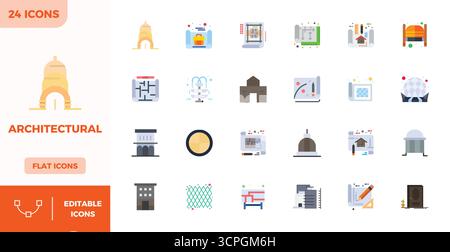 Une collection propre de 24 icônes vectorielles Flat Color représentant architectural, conçu en 128x128 PIXELS format parfait pour les tableaux de bord modernes et interf Illustration de Vecteur