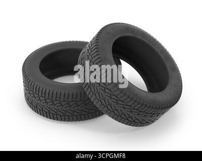 Deux pneus noirs isolés sur blanc avec motif de bande de roulement détaillé Banque D'Images