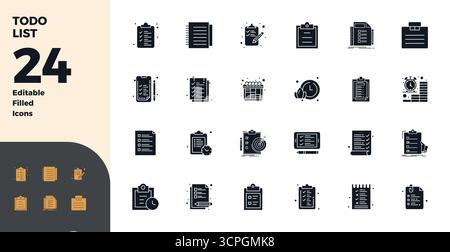 Boîte à outils complète de 24 icônes vectorielles sur le thème de ToDo List, développé en glyphe rempli de 128x128 PIXELS précision parfaite pour un design polyvalent Illustration de Vecteur